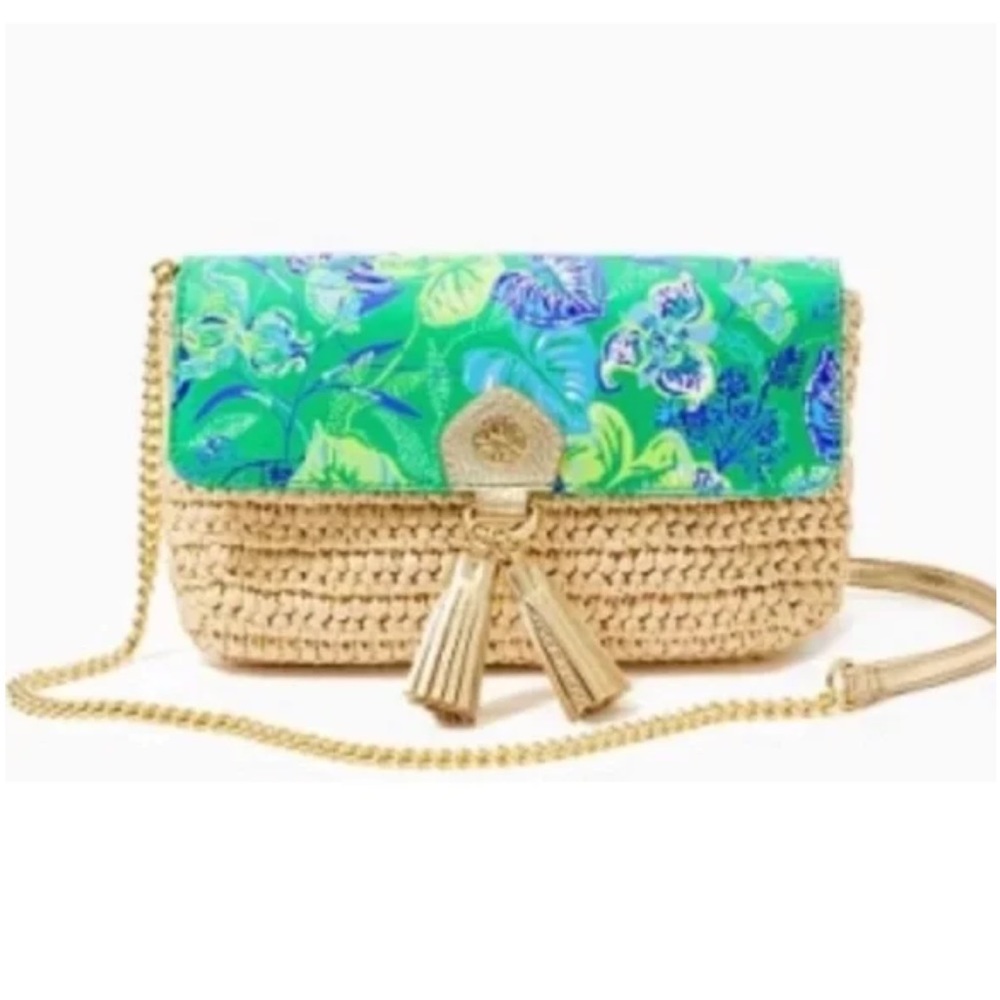 Lilly Pulitzer Straw Crossbody Botanical Green In A Flutter Clutch Brand New